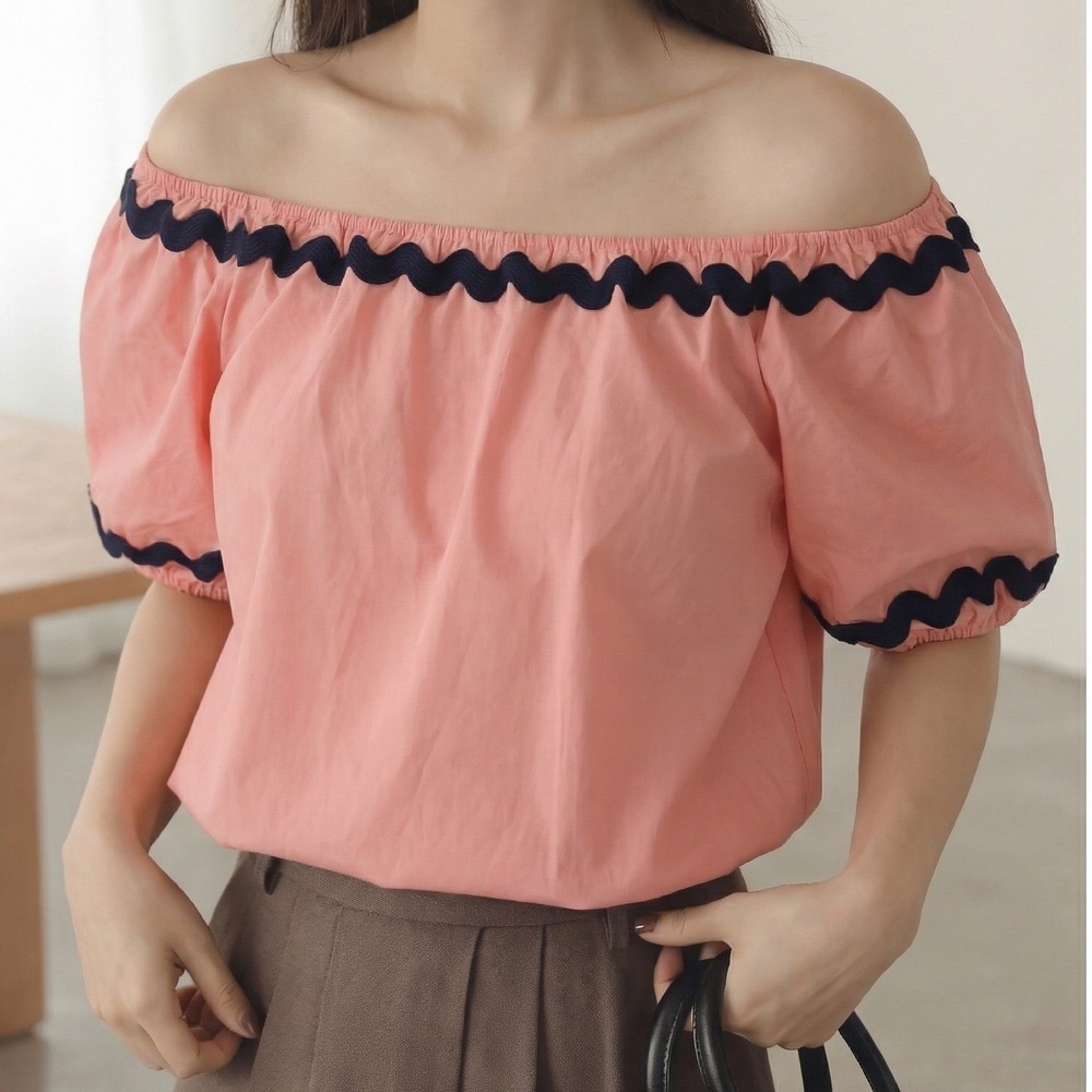 Smith & Quinn Top Womens Small Pink Navy Ric Rac Off Shoulder New Cotton Blouse